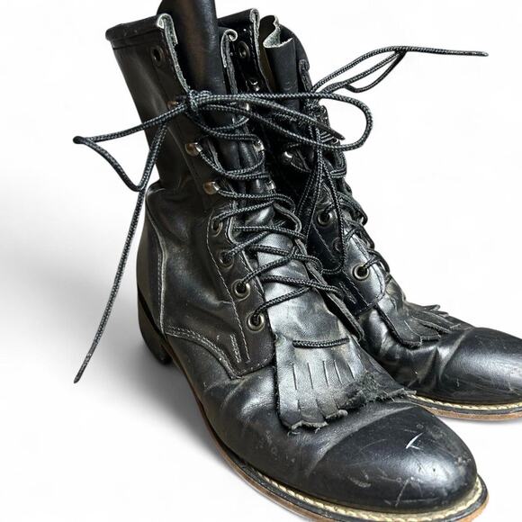 Black leather lace up combat boots - Picture 1 of 4